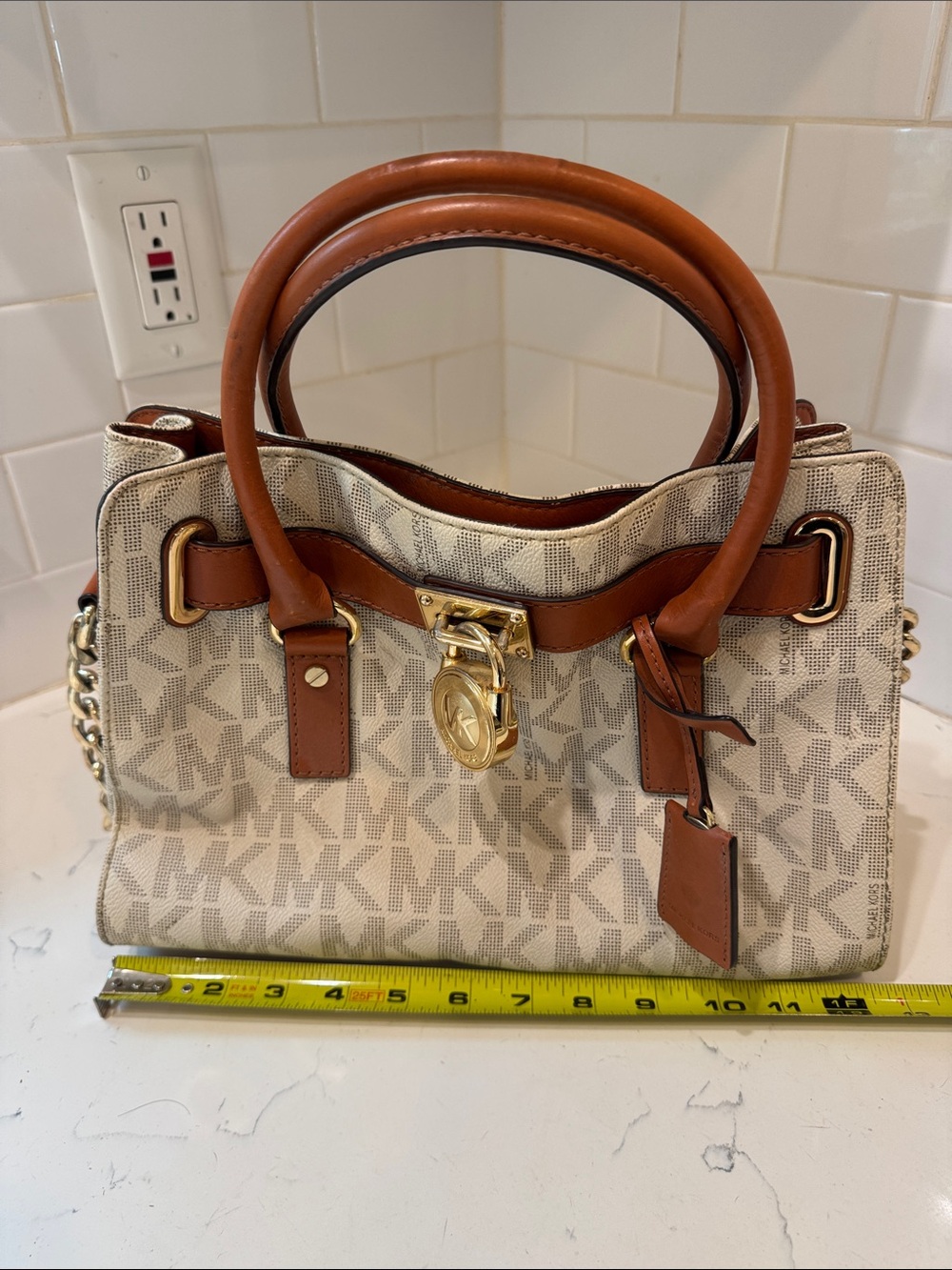 Michael Kors Cream Logo Canvas Satchel with Brown Leather Trim - Picture 11 of 12